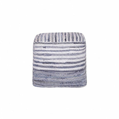 18" Blue and White Cotton Striped Cube Pouf Ottoman HomeRoots