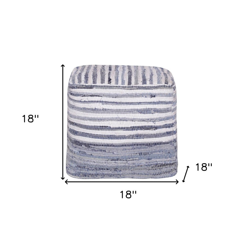 18" Blue and White Cotton Striped Cube Pouf Ottoman HomeRoots