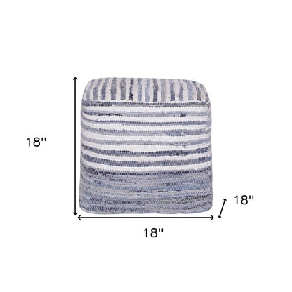 18" Blue and White Cotton Striped Cube Pouf Ottoman HomeRoots