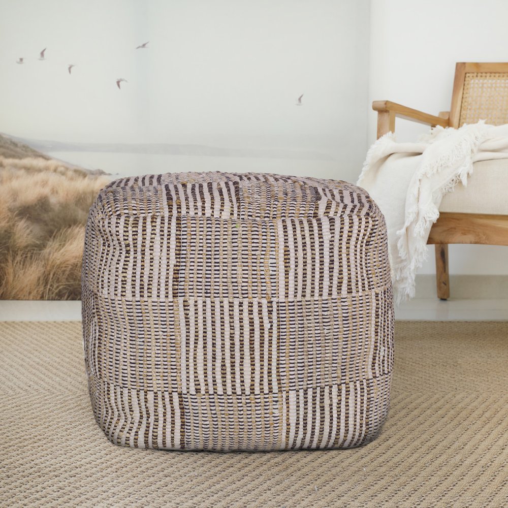 18" Brown Cotton Cube Geometric Pouf Ottoman HomeRoots