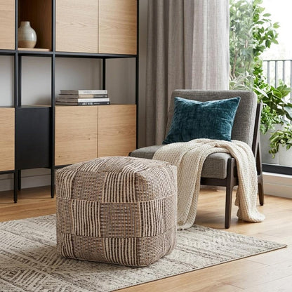 18" Brown Cotton Cube Geometric Pouf Ottoman HomeRoots
