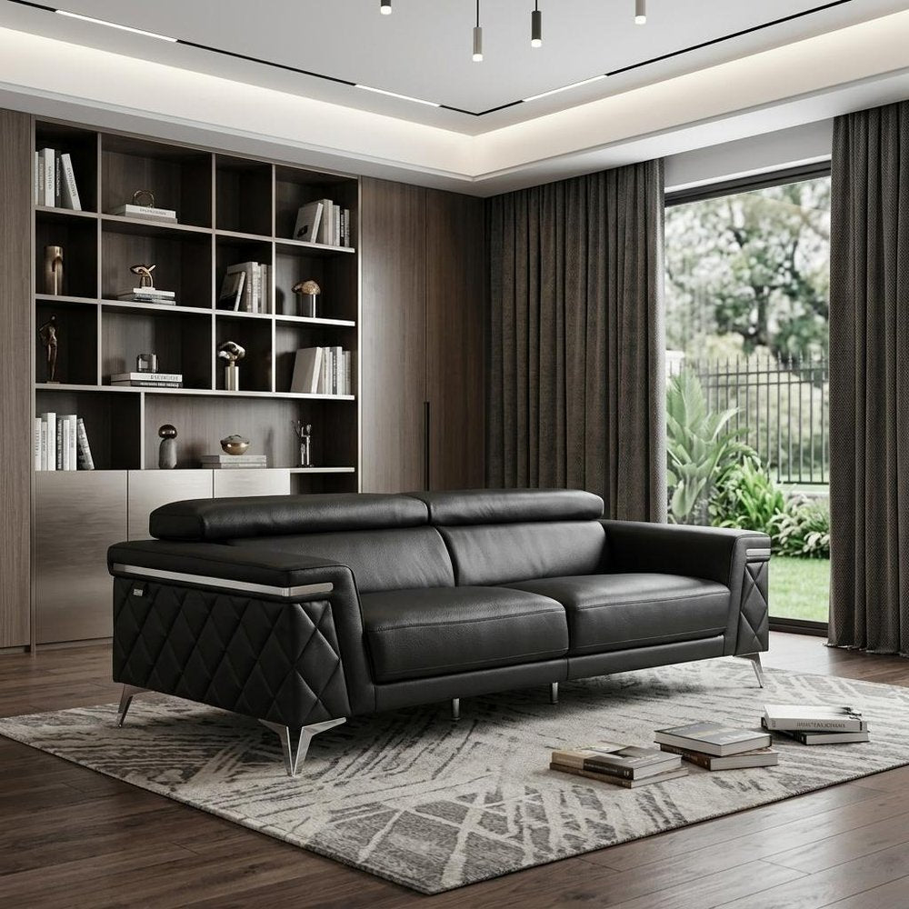 89" Black Italian Leather Sofa With Silver Legs HomeRoots