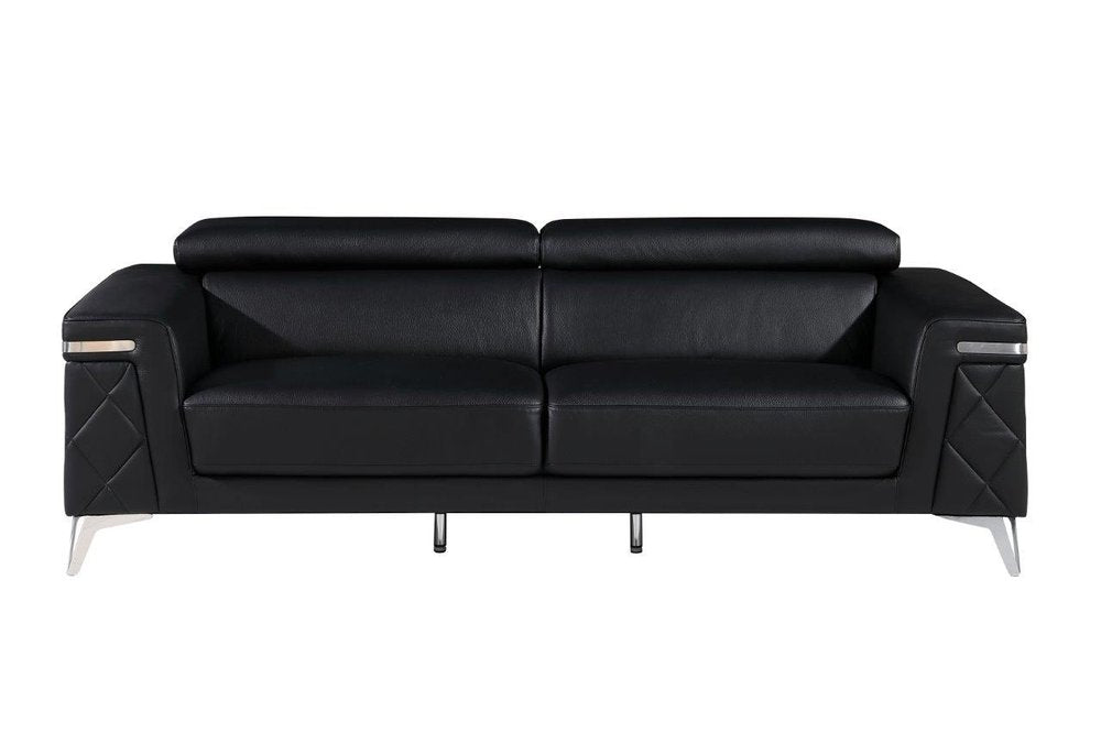 89" Black Italian Leather Sofa With Silver Legs HomeRoots