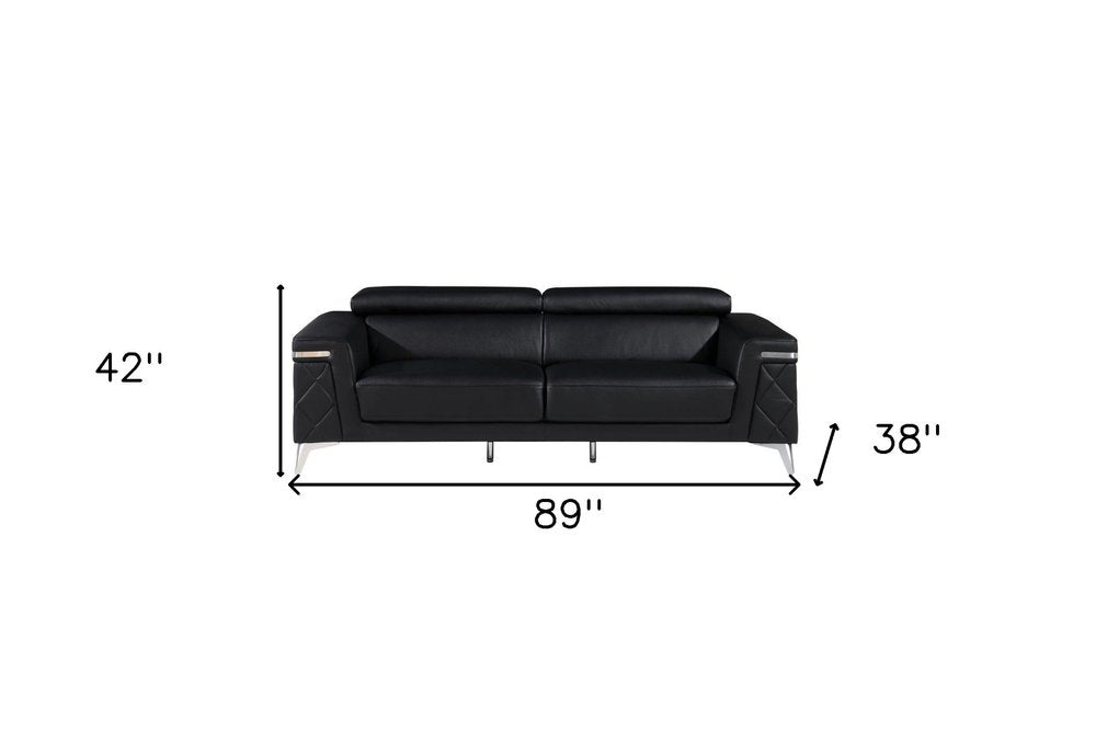 89" Black Italian Leather Sofa With Silver Legs HomeRoots