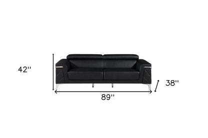 89" Black Italian Leather Sofa With Silver Legs HomeRoots
