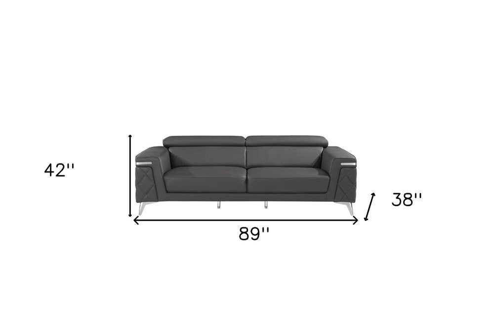 89" Dark Gray Italian Leather Sofa With Silver Legs HomeRoots