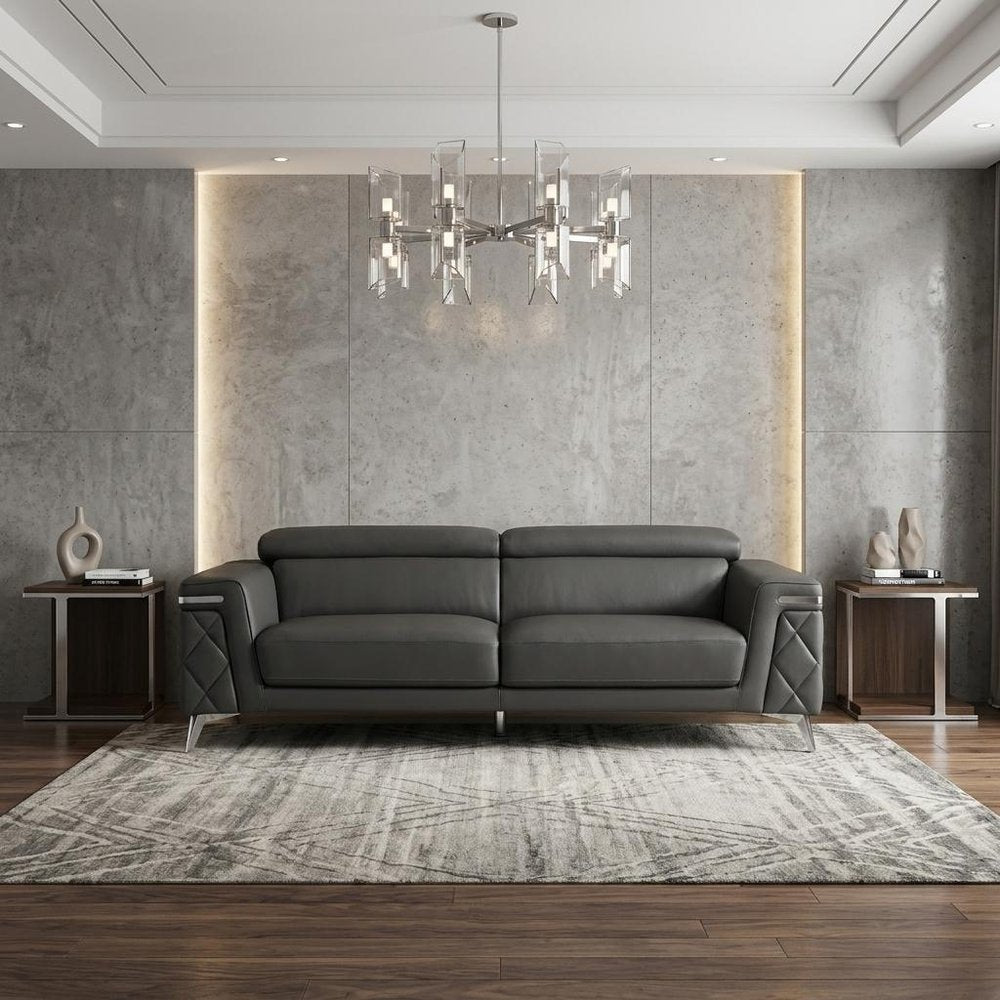 89" Dark Gray Italian Leather Sofa With Silver Legs HomeRoots