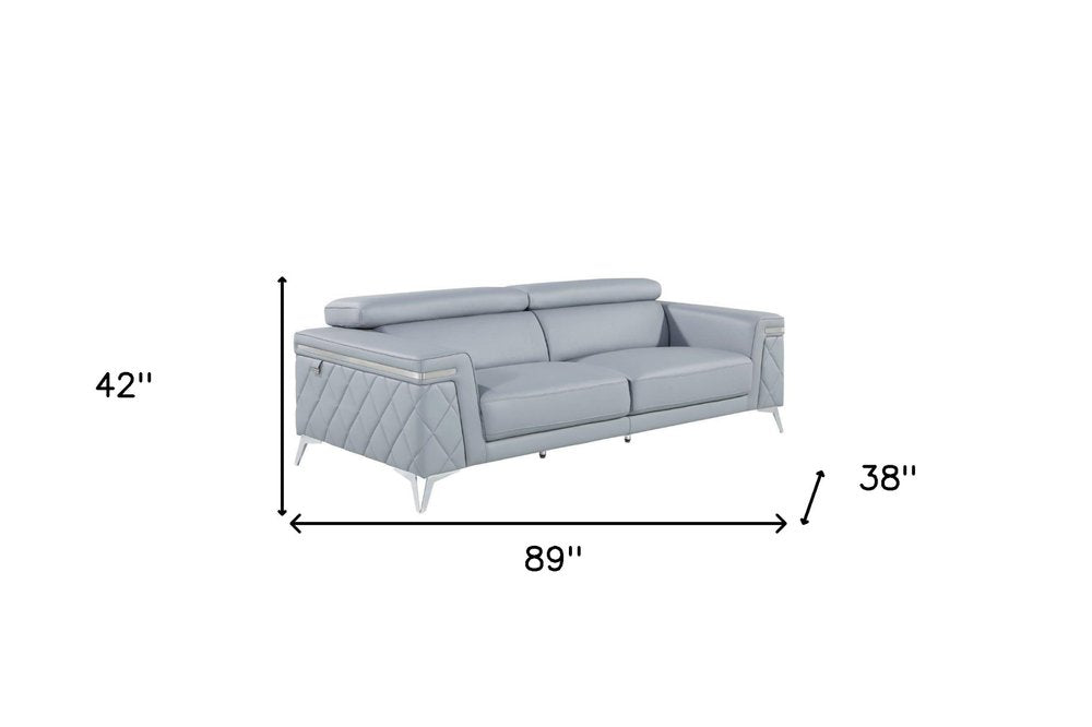 89" Light Blue Italian Leather Sofa With Silver Legs HomeRoots