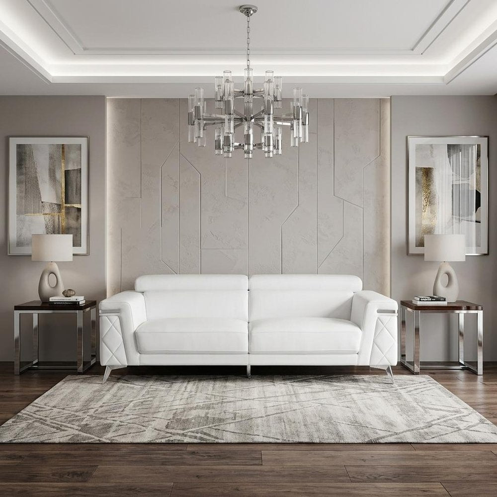 89" White Italian Leather Sofa With Silver Legs HomeRoots