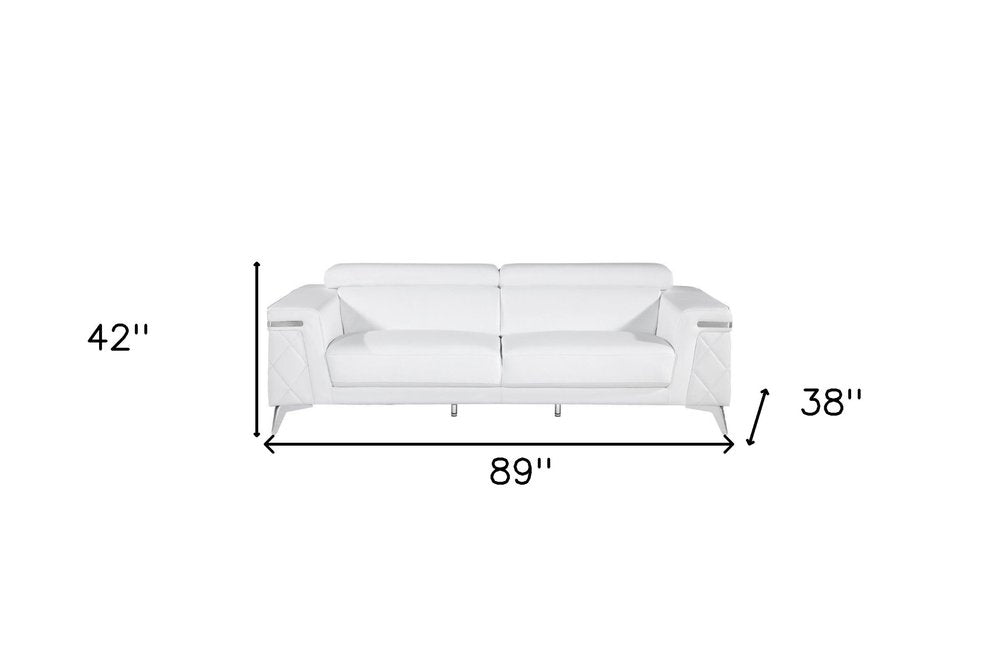 89" White Italian Leather Sofa With Silver Legs HomeRoots