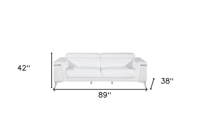 89" White Italian Leather Sofa With Silver Legs HomeRoots