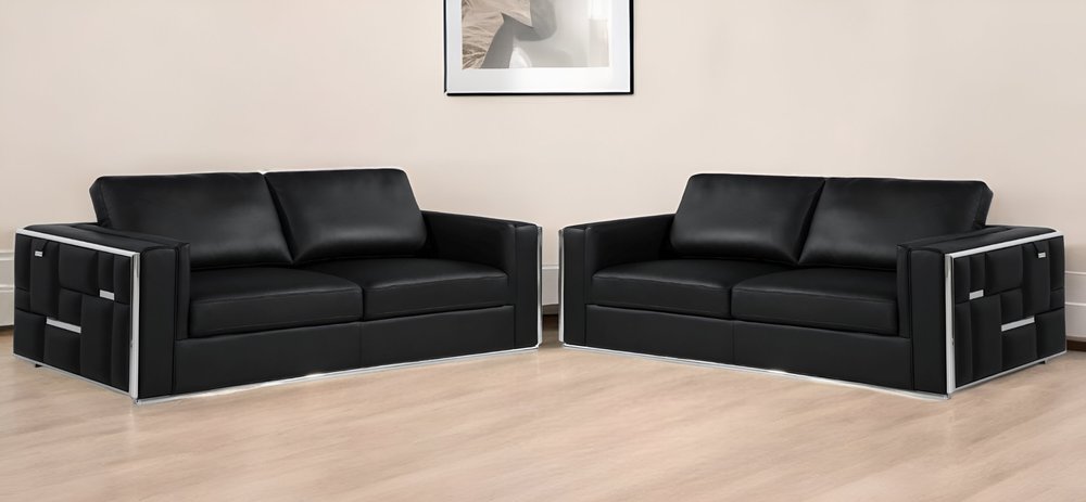 Two Piece Indoor Black Italian Leather Four Person Seating Set HomeRoots