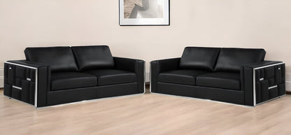 Two Piece Indoor Black Italian Leather Four Person Seating Set HomeRoots