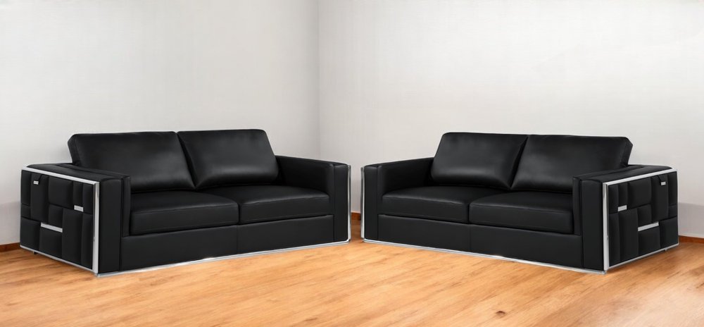 Two Piece Indoor Black Italian Leather Four Person Seating Set HomeRoots