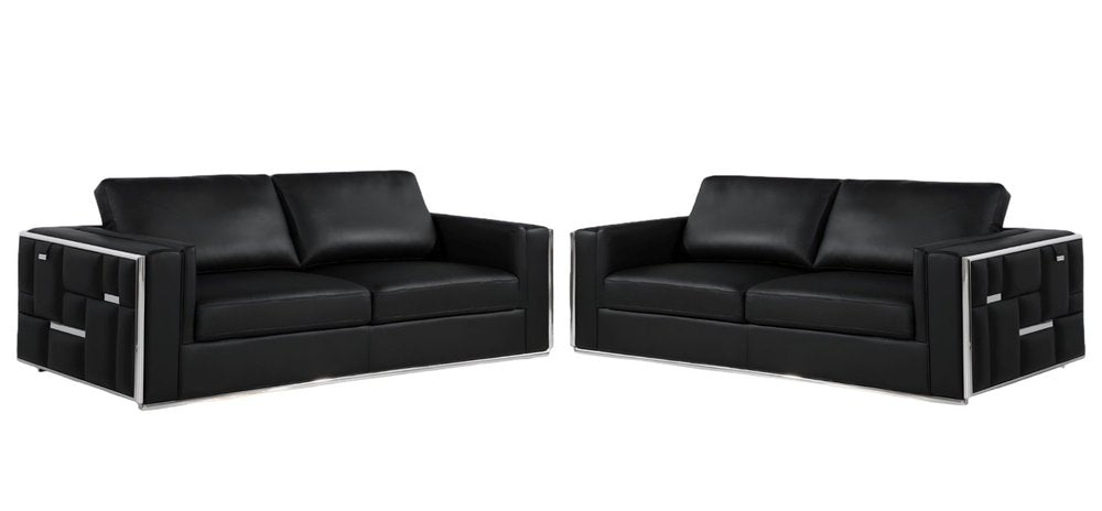 Two Piece Indoor Black Italian Leather Four Person Seating Set HomeRoots
