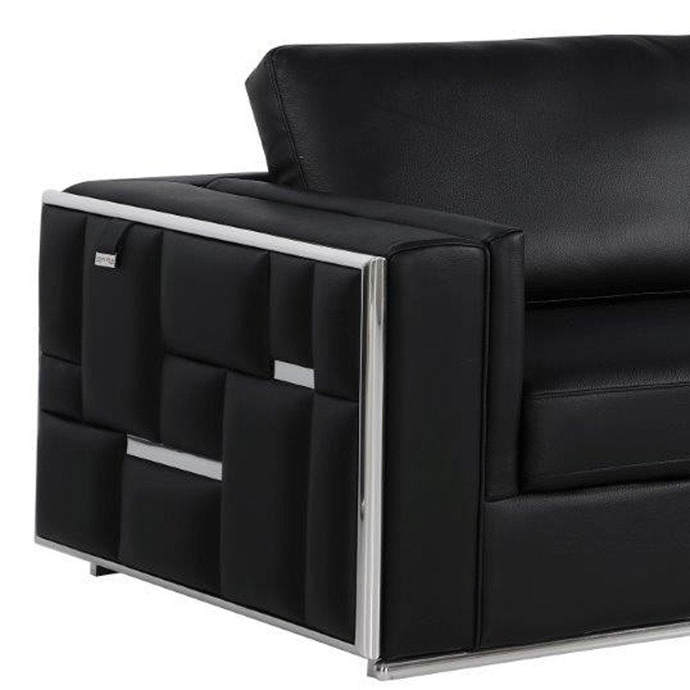 89" Black Italian Leather Sofa With Silver Legs HomeRoots