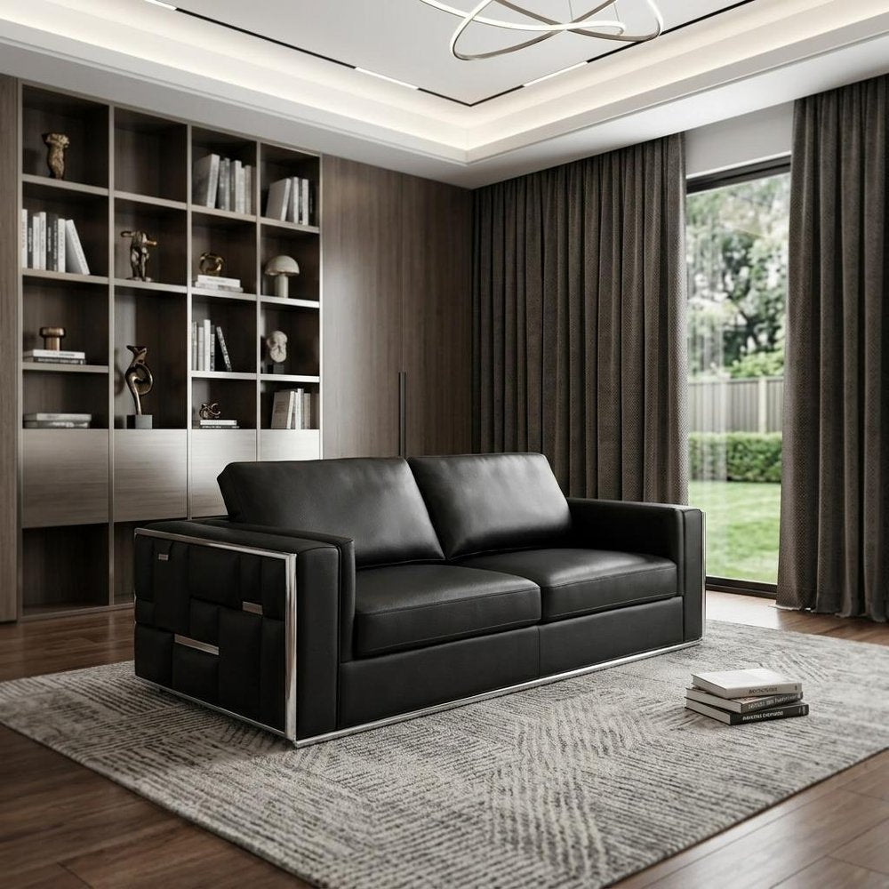 89" Black Italian Leather Sofa With Silver Legs HomeRoots