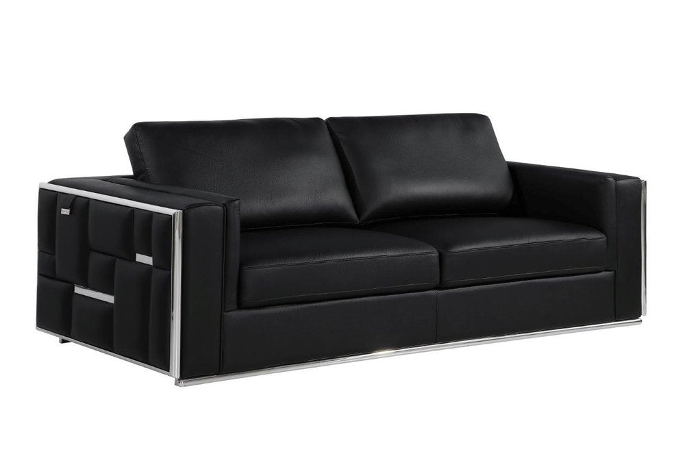 89" Black Italian Leather Sofa With Silver Legs HomeRoots