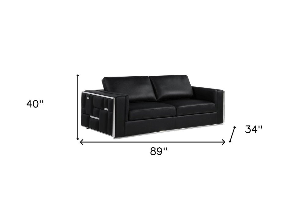 89" Black Italian Leather Sofa With Silver Legs HomeRoots