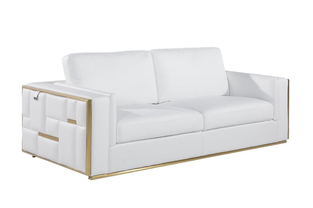 89" White Italian Leather Sofa With Brass Legs HomeRoots