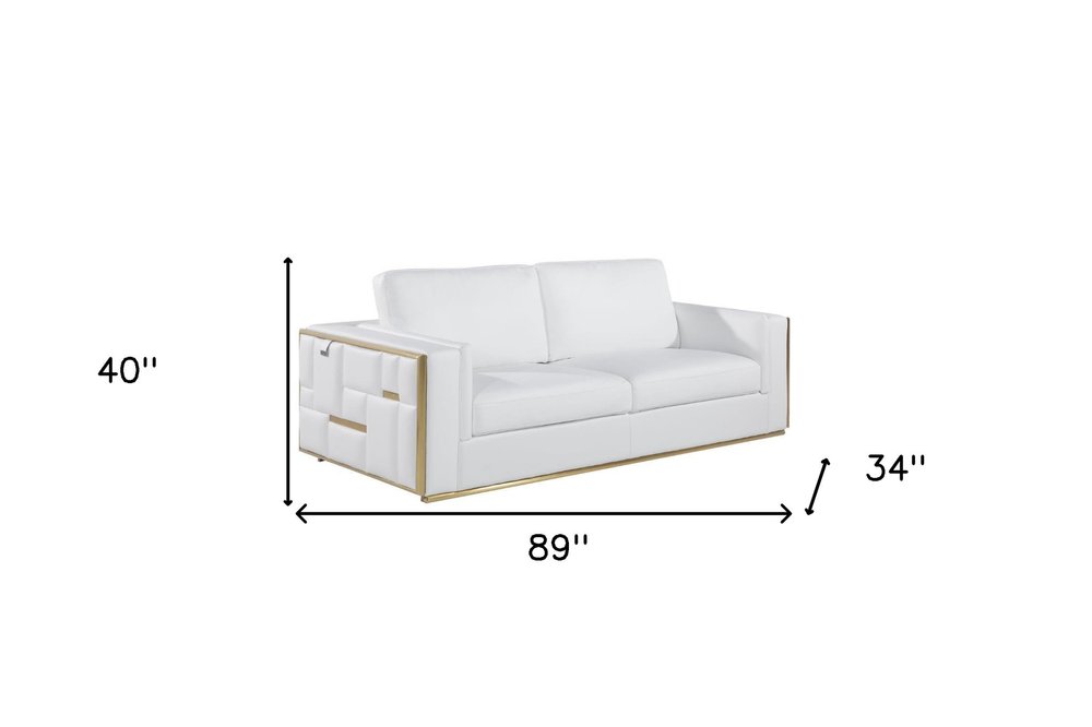 89" White Italian Leather Sofa With Brass Legs HomeRoots