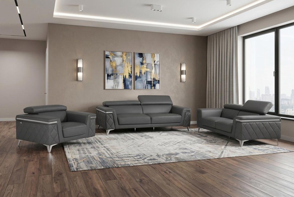 Three Piece Gray Top Grain Leather Five Person Seating Set HomeRoots