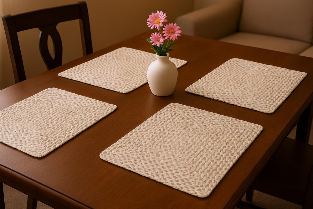 15" Set of Four Ivory And Natural Jute Square Placemats HomeRoots