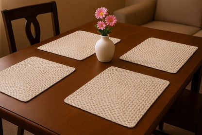 15" Set of Four Ivory And Natural Jute Square Placemats HomeRoots