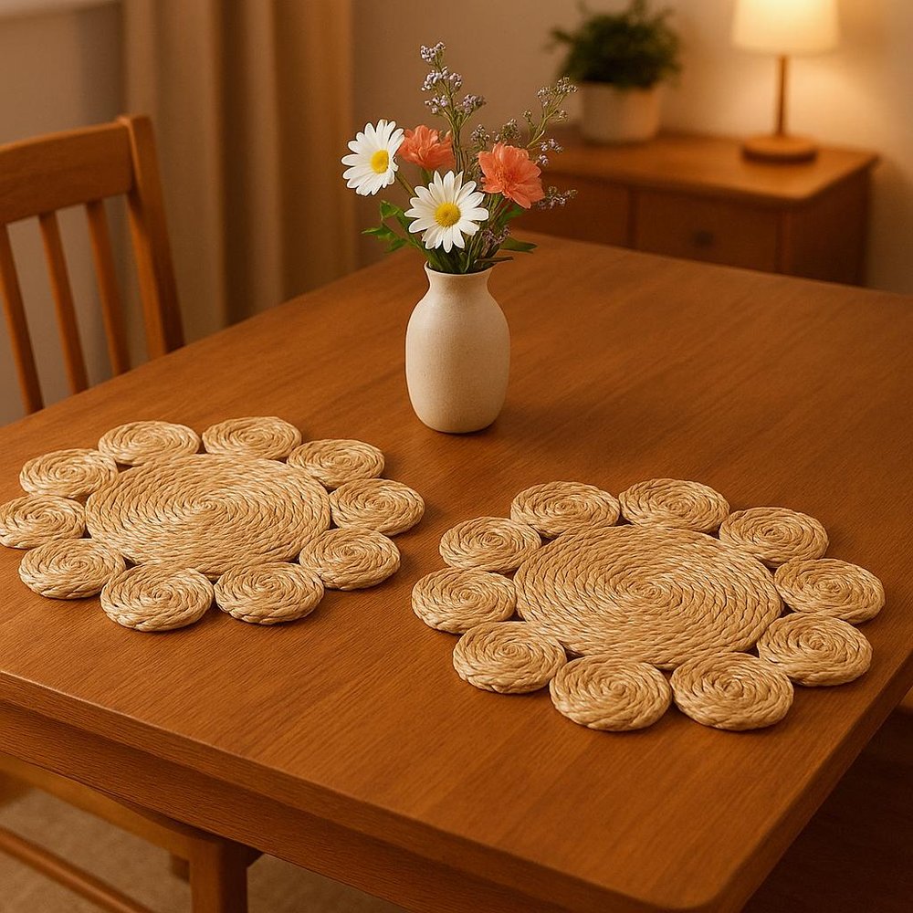 15" Set of Two Natural Braided Jute Scalloped Placemats HomeRoots
