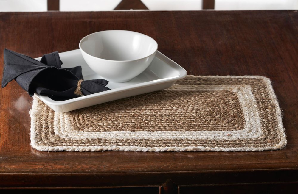 19" Set of Four Natural And Ivory Geometric Braided Jute Placemats HomeRoots
