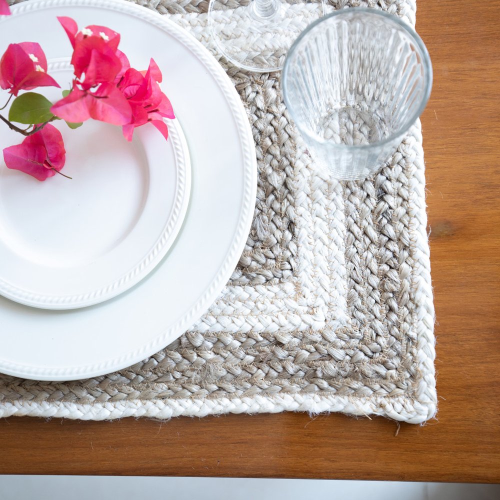 19" Set of Four Natural And Ivory Geometric Braided Jute Placemats HomeRoots