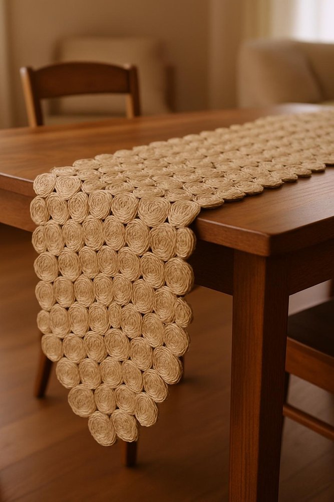 80" Natural Geometric Circles Scalloped Shape Jute Table Runner HomeRoots