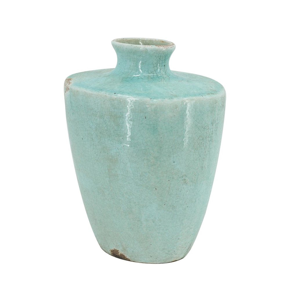 12" Aqua Terracotta Crackle Glaze Round Table Vase HomeRoots