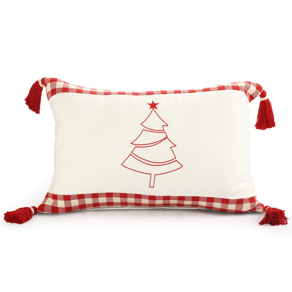 16" X 24" Red and White Christmas Tree Cotton Zippered Pillow With Tassels — view 1