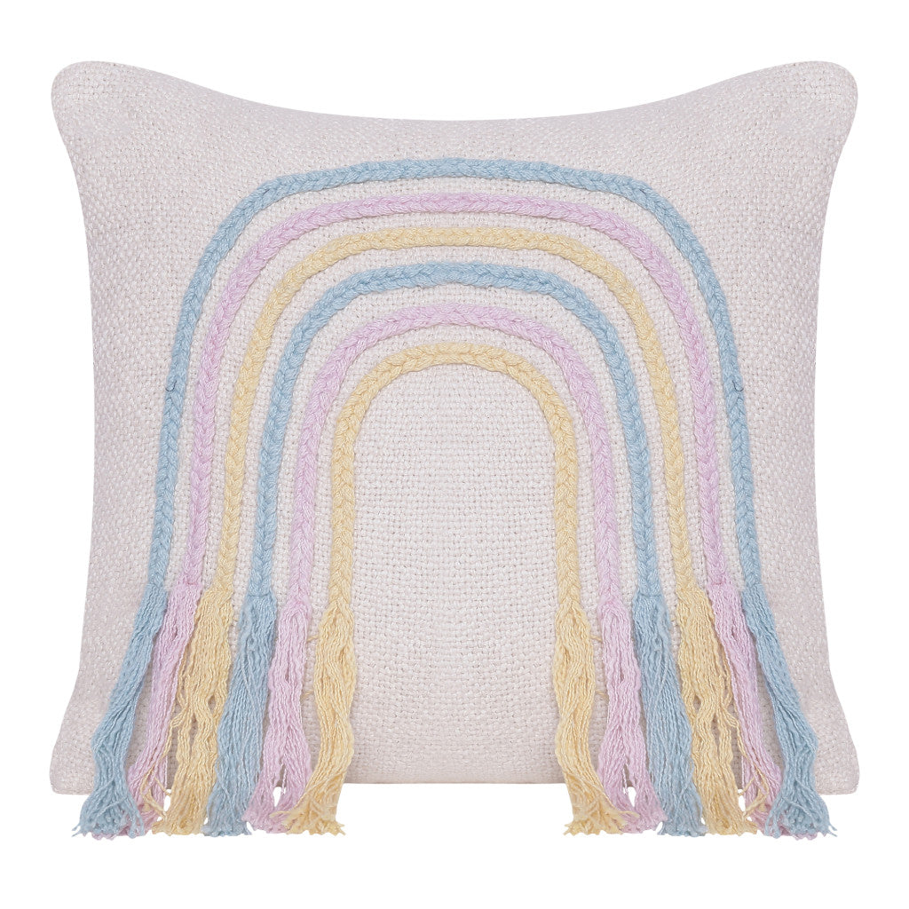 20" X 20" Blue and Off White Braided Cotton Zippered Pillow With Fringe FurniFindUSA