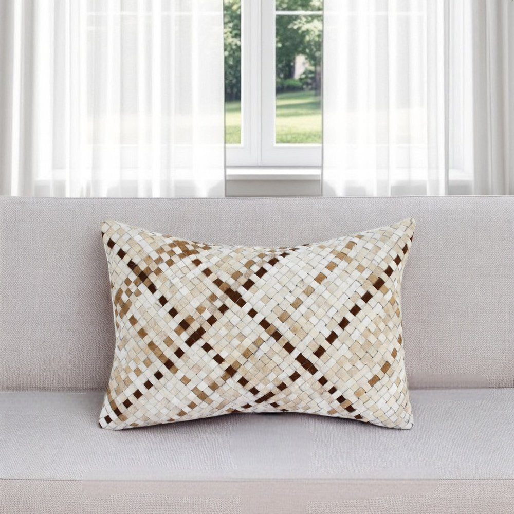 16" X 24" Brown and Ivory Check Faux Leather Zippered Pillow — view 9