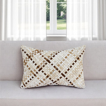16" X 24" Brown and Ivory Check Faux Leather Zippered Pillow HomeRoots