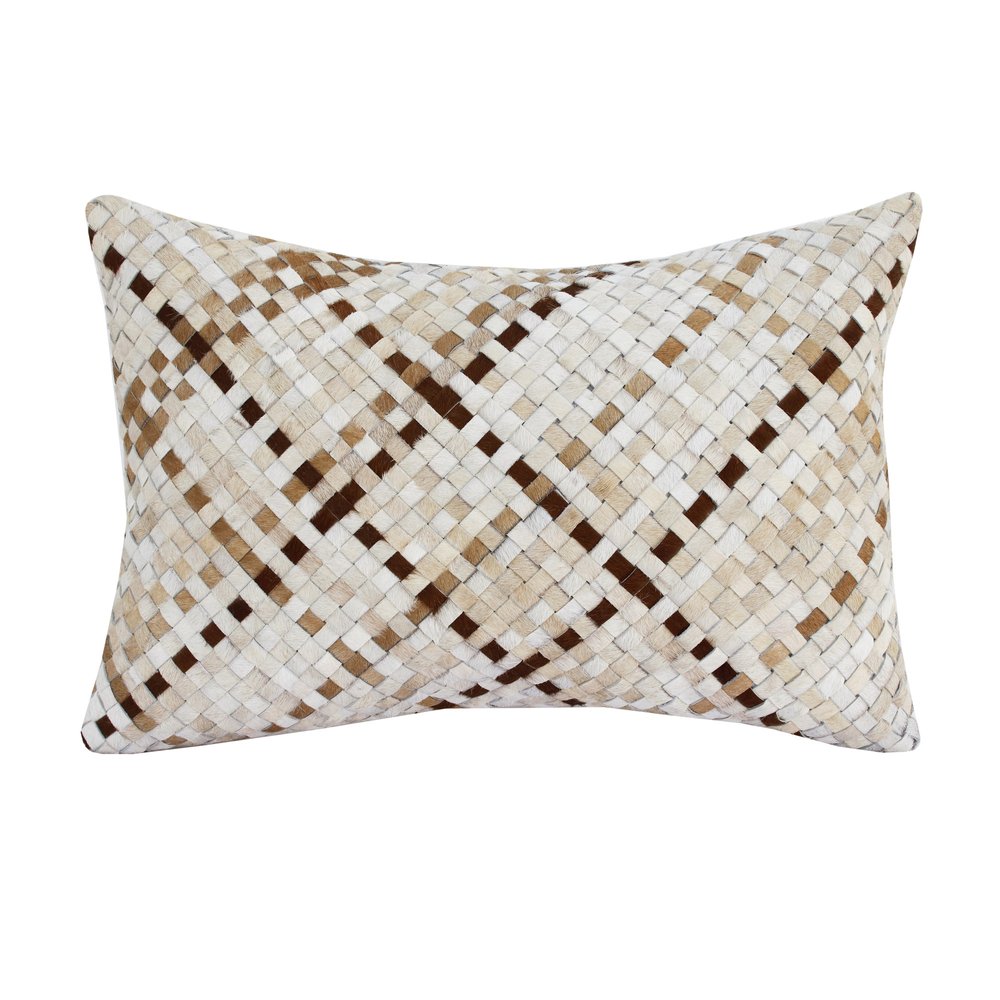 16" X 24" Brown and Ivory Check Faux Leather Zippered Pillow — view 1