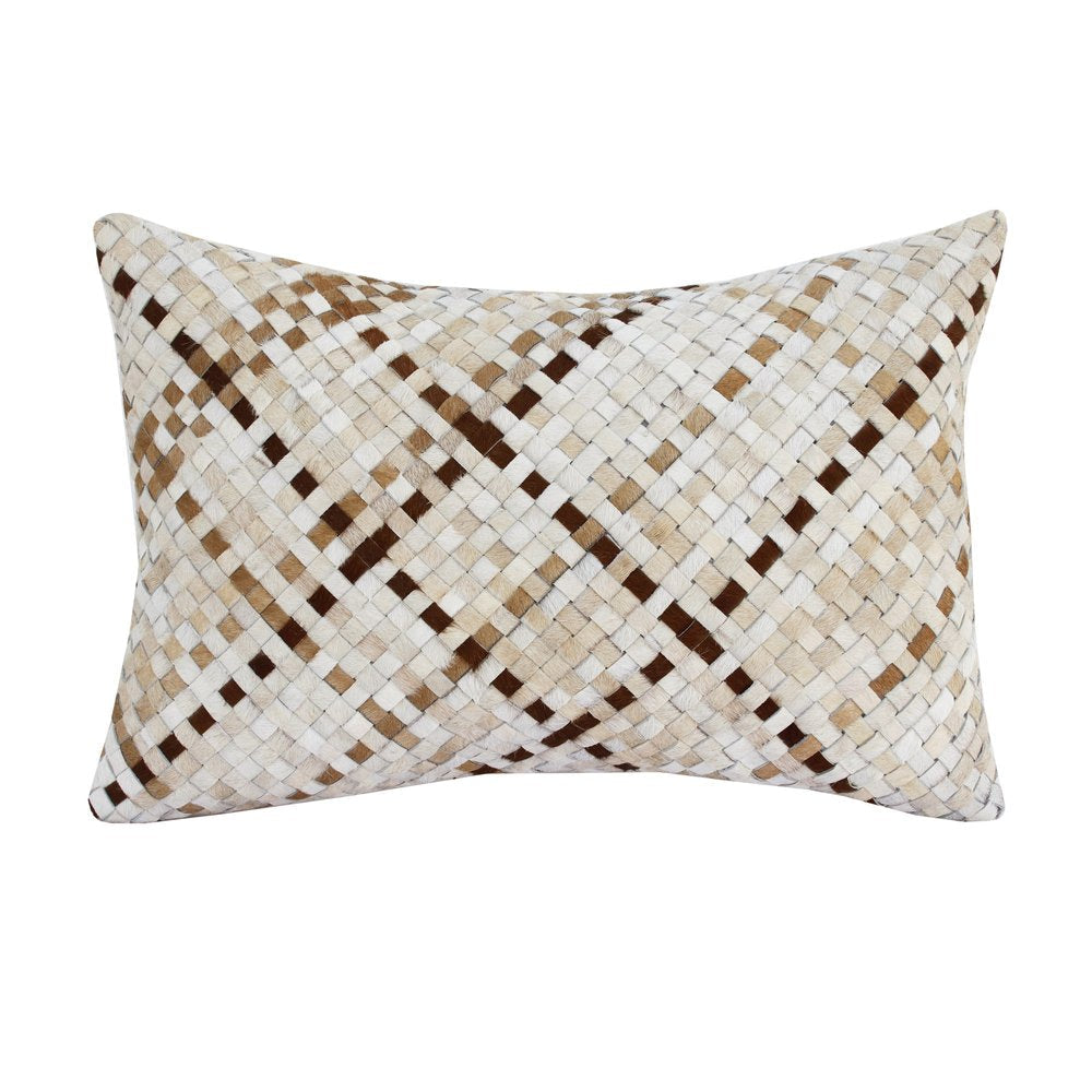 16" X 24" Brown and Ivory Check Faux Leather Zippered Pillow — view 1