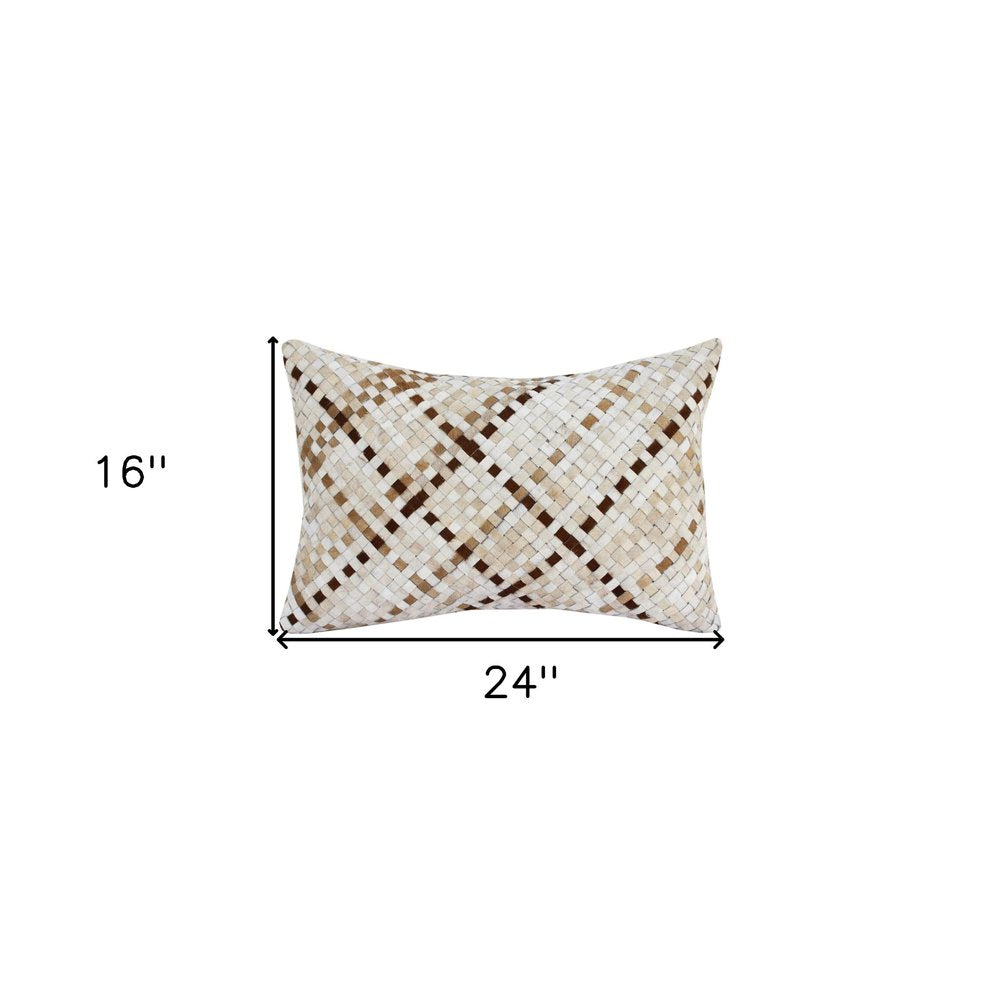 16" X 24" Brown and Ivory Check Faux Leather Zippered Pillow HomeRoots