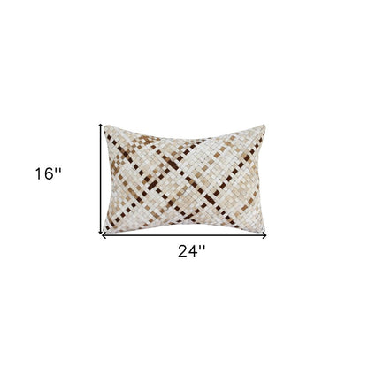 16" X 24" Brown and Ivory Check Faux Leather Zippered Pillow HomeRoots