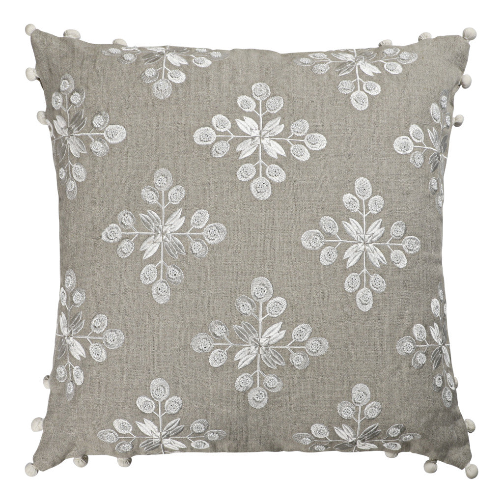 20" X 20" Beige and Ivory Floral Linen Zippered Pillow With Embroidery, Pom Poms FurniFindUSA