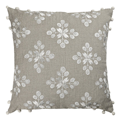 20" X 20" Beige and Ivory Floral Linen Zippered Pillow With Embroidery, Pom Poms FurniFindUSA