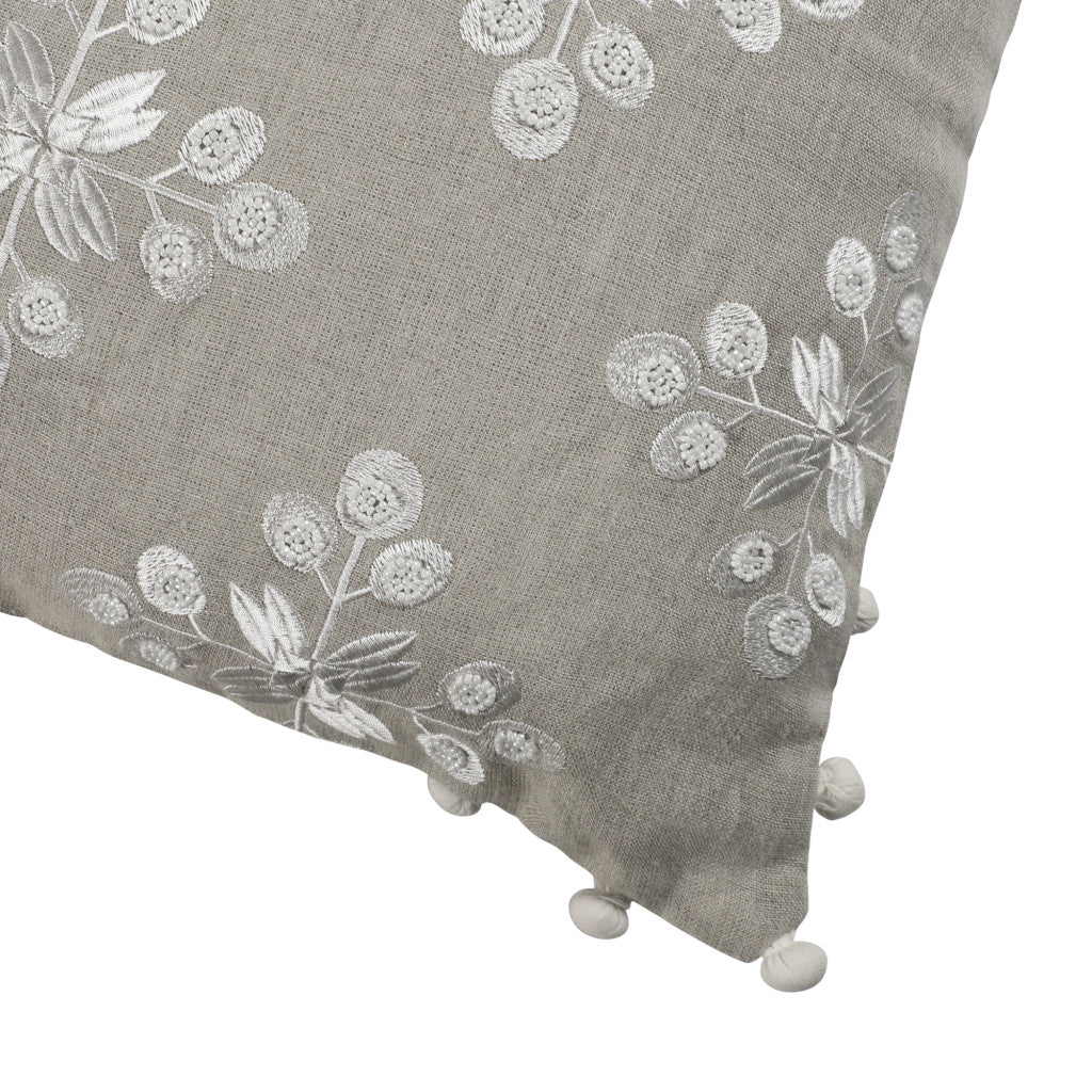 20" X 20" Beige and Ivory Floral Linen Zippered Pillow With Embroidery, Pom Poms FurniFindUSA