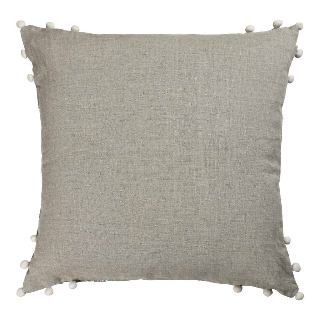 20" X 20" Beige and Ivory Floral Linen Zippered Pillow With Embroidery, Pom Poms FurniFindUSA