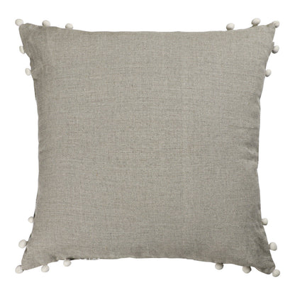 20" X 20" Beige and Ivory Floral Linen Zippered Pillow With Embroidery, Pom Poms FurniFindUSA