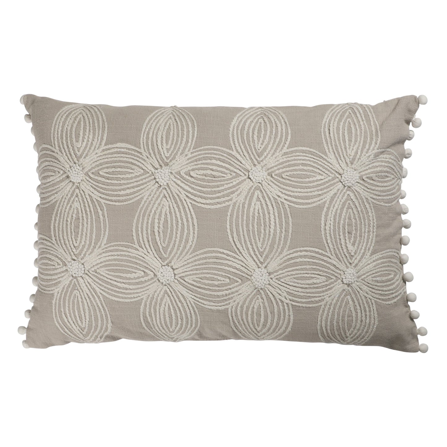 16" X 24" Beige and Ivory Floral Cotton Zippered Pillow With Embroidery, Pom Poms FurniFindUSA
