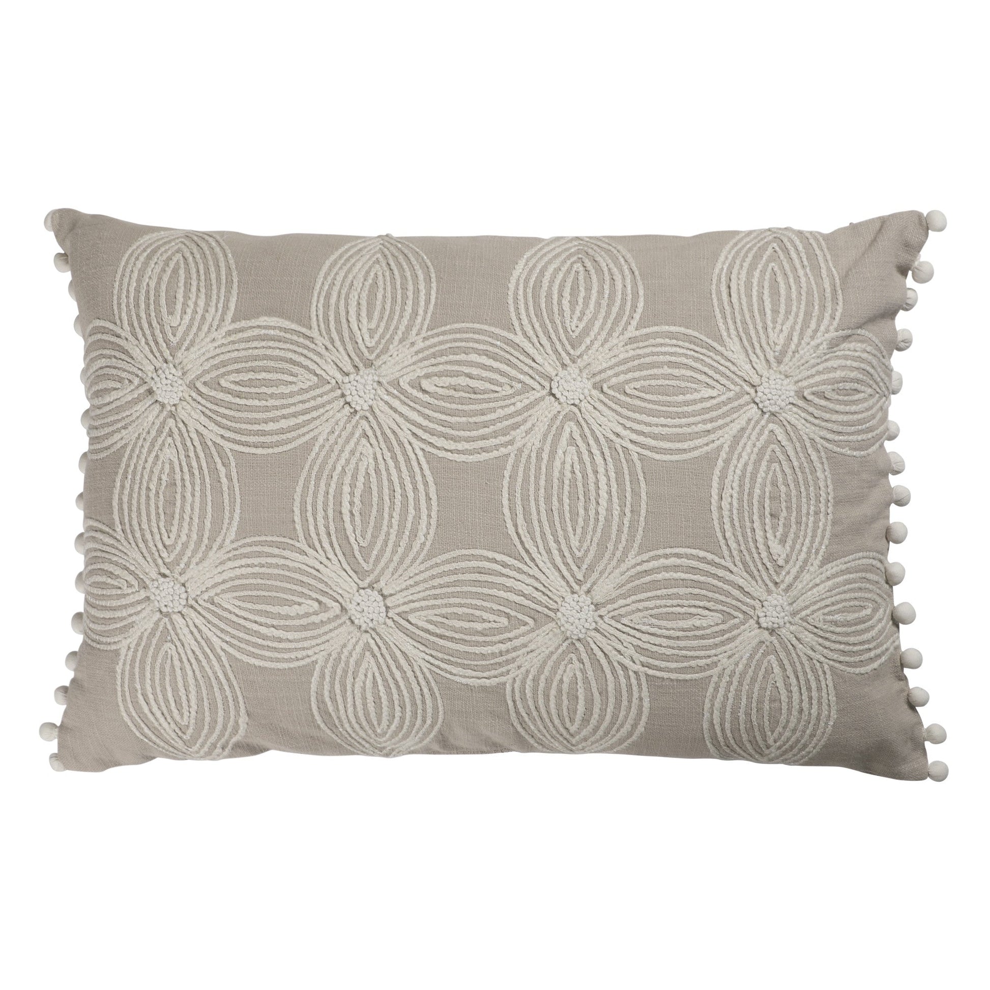 16" X 24" Beige and Ivory Floral Cotton Zippered Pillow With Embroidery, Pom Poms FurniFindUSA