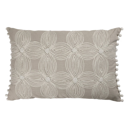 16" X 24" Beige and Ivory Floral Cotton Zippered Pillow With Embroidery, Pom Poms FurniFindUSA