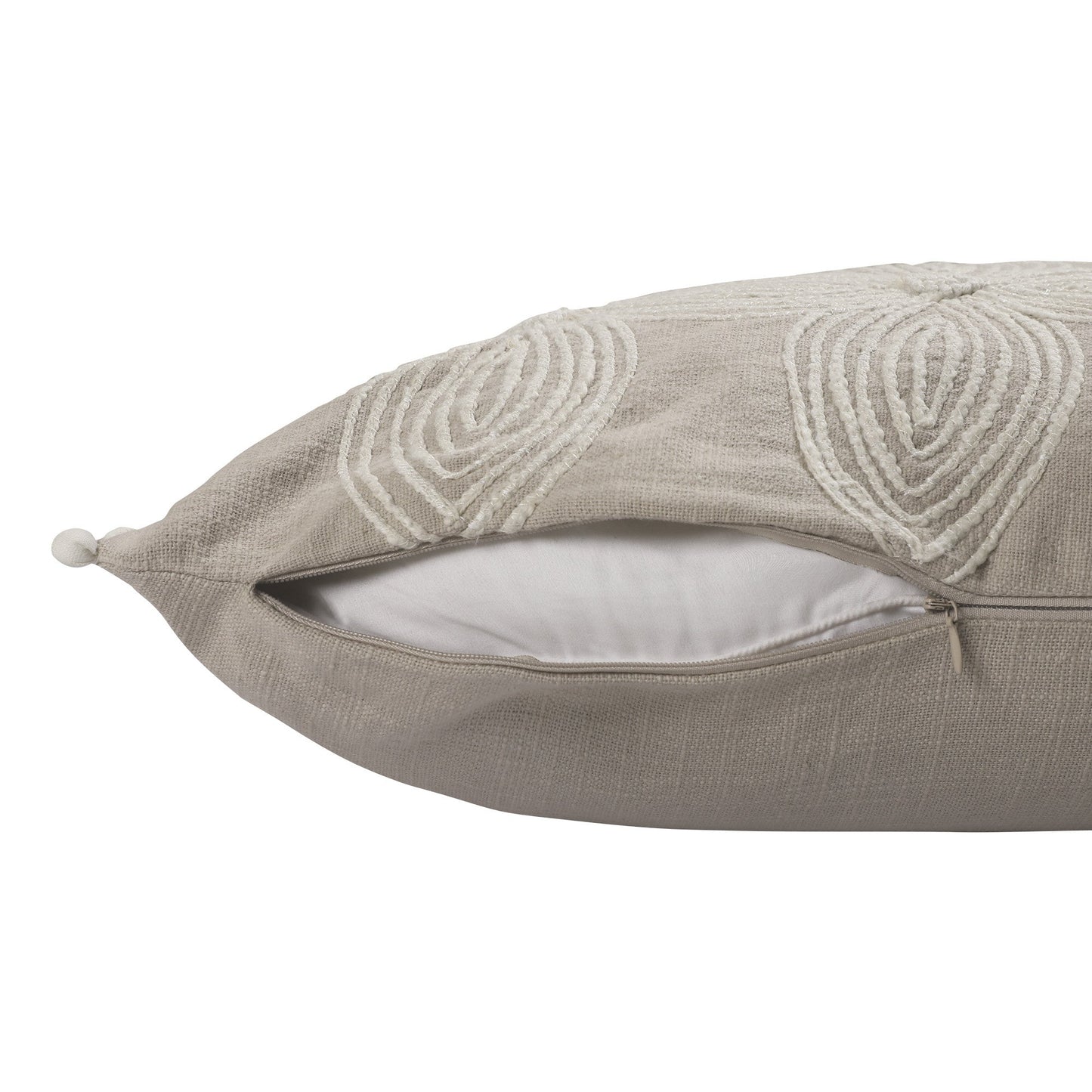 16" X 24" Beige and Ivory Floral Cotton Zippered Pillow With Embroidery, Pom Poms FurniFindUSA